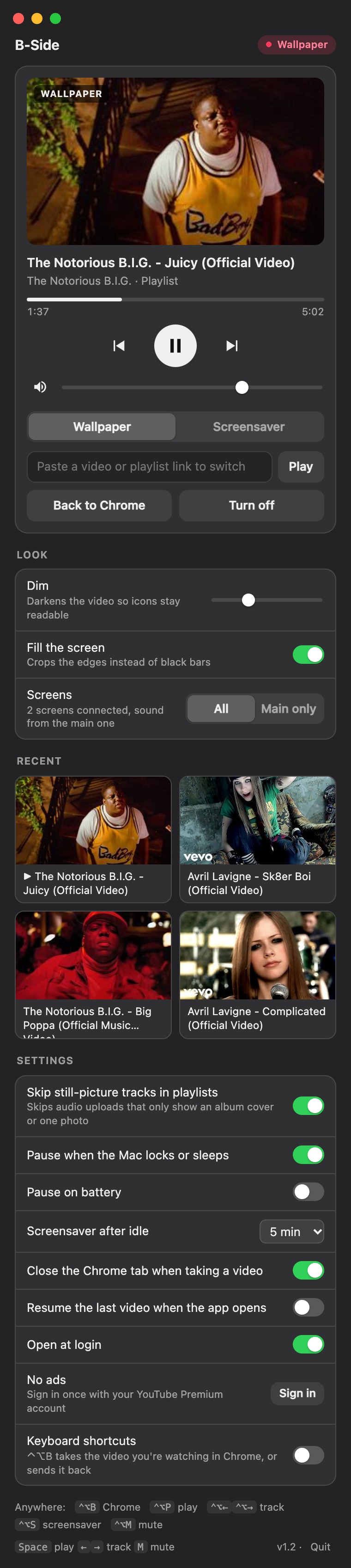 The B-Side control panel: now playing, transport, modes, link box, look settings, recents and settings